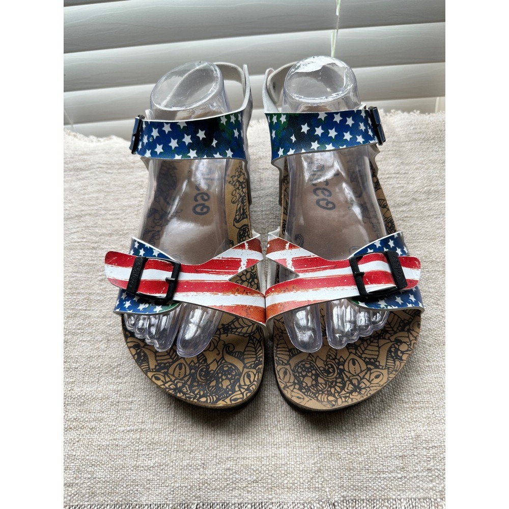 Calceo Patriotic American Flag Sandals Womens 39 US 8.5 9 Cork Footbed Slingback